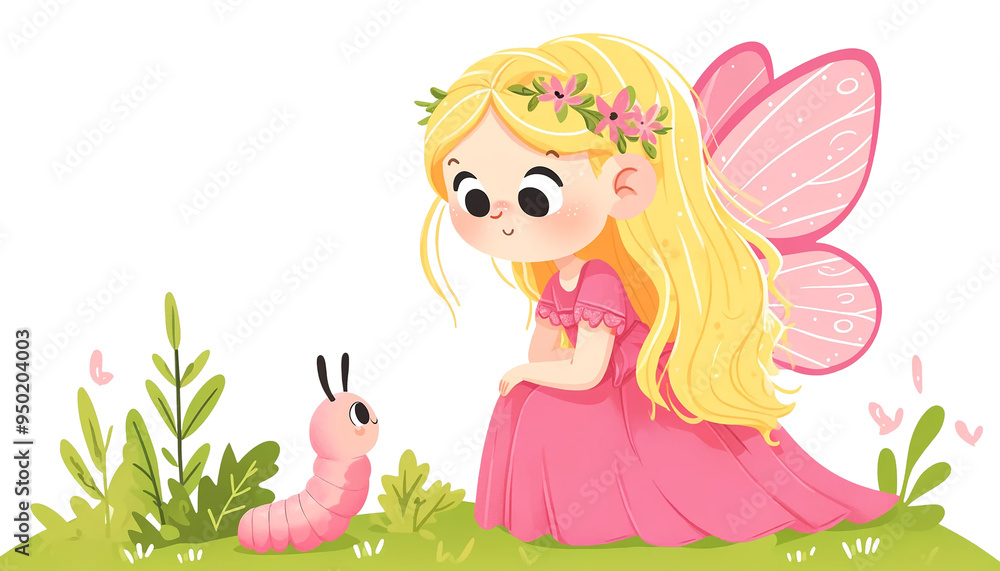 watching fondly as her caterpillar companion explores the garden watching fondly as her caterpillar companion explores the garden