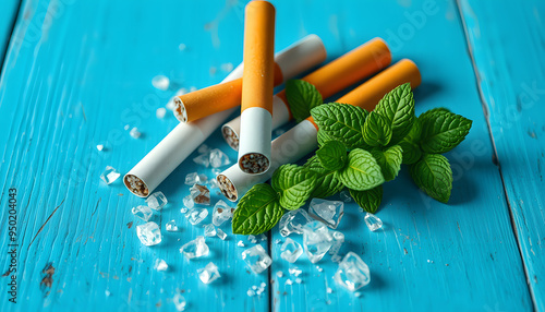 Cigarettes, menthol crystals and mint leaves on blue wooden table, flat lay isolated with white highlights, png photo