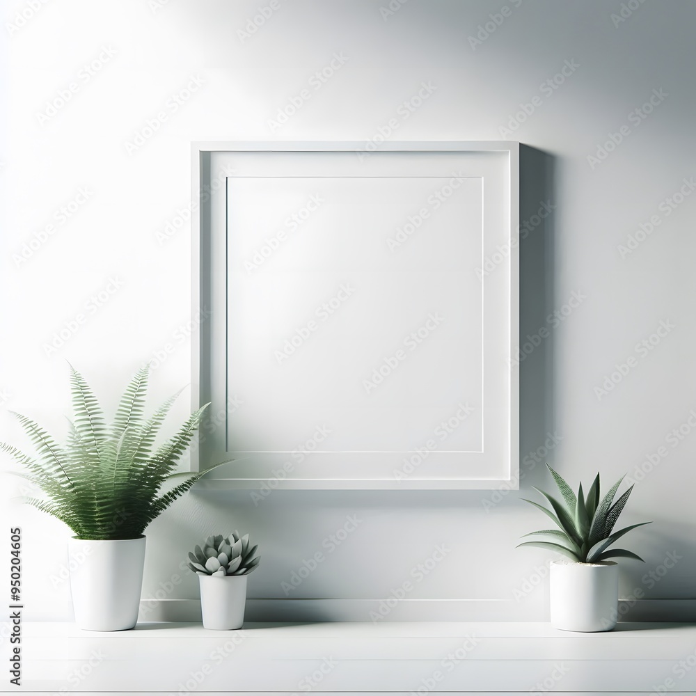 Square White Photo Frame with Plants. Minimalist Interior Design Concept Square White Photo Frame with Plants. Minimalist Interior Design Concept