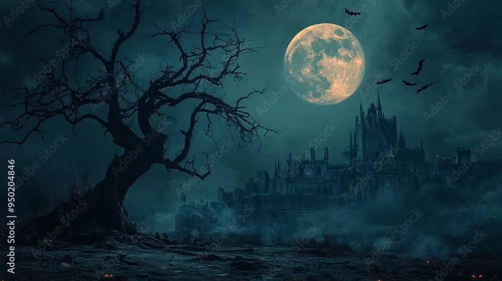Graveyard cemetery to castle In Spooky scary dark Night full moon and bats on dead tree. Holiday event halloween banner background concept. Graveyard cemetery to castle In Spooky scary dark Night full moon and bats on dead tree. Holiday event halloween banner background concept.