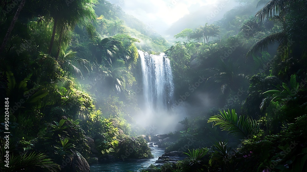 A lush tropical waterfall hidden deep in the jungle, surrounded by thick greenery and mist A lush tropical waterfall hidden deep in the jungle, surrounded by thick greenery and mist