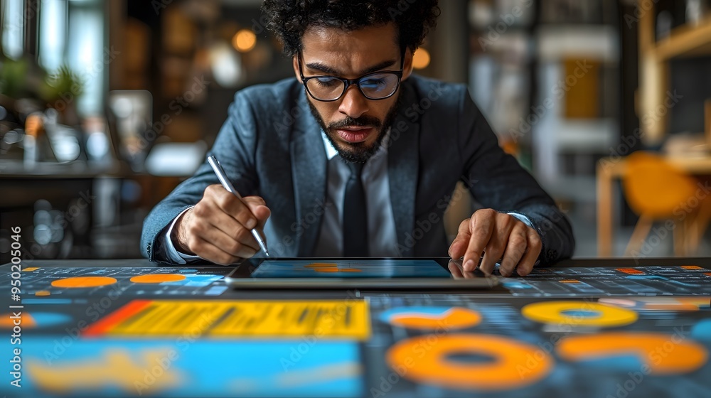 A businessman guiding customers through a detailed project presentation on a digital tablet, using a pen to highlight important points. A businessman guiding customers through a detailed project presentation on a digital tablet, using a pen to highlight important points.