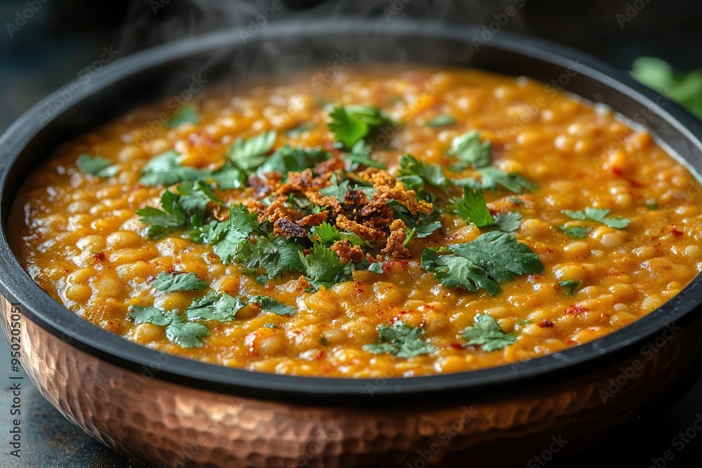 aromatic red lentil dal simmering in copper pot garnished with fresh cilantro and crispy garlic steam rising enticingly aromatic red lentil dal simmering in copper pot garnished with fresh cilantro and crispy garlic steam rising enticingly
