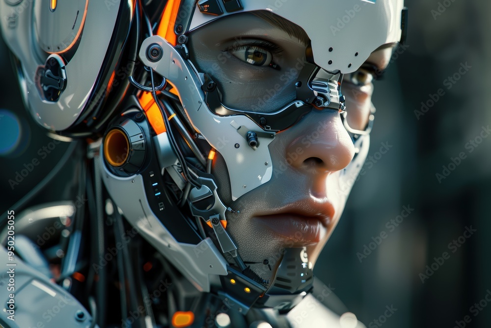 Fototapeta premium Futuristic cybernetic man designed for a video game character, featuring technology, virtual reality, and a dystopian aesthetic in a night setting for AI and robot design