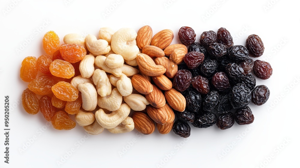 A visually appealing close-up of colorful dried fruits and assorted nuts arranged in a linear pattern on a white background, representing a perfect healthy snack combination. A visually appealing close-up of colorful dried fruits and assorted nuts arranged in a linear pattern on a white background, representing a perfect healthy snack combination.