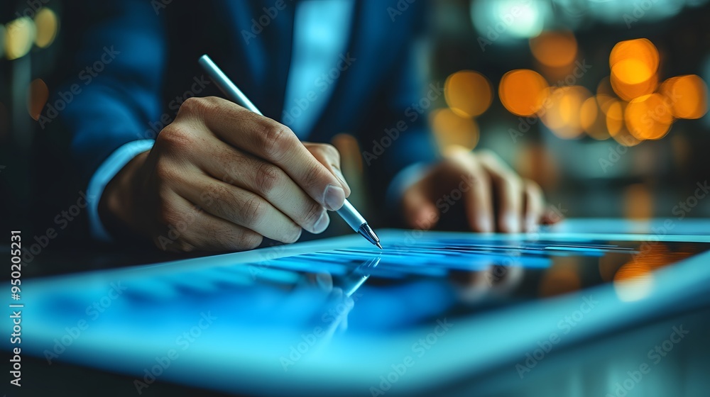 Obraz premium Close-up of a businessman hand, using a pen to direct focus on key project points displayed on a digital tablet.