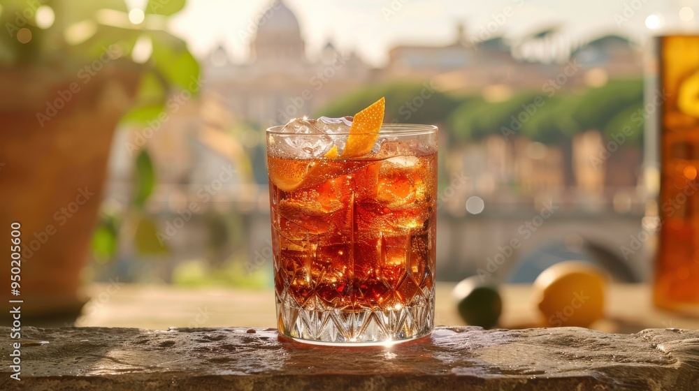 Enjoying a classic Negroni cocktail with the breathtaking city of Rome in the background at sunset Enjoying a classic Negroni cocktail with the breathtaking city of Rome in the background at sunset