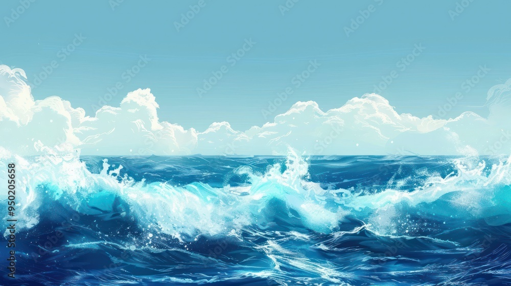 Fototapeta premium Ocean Waves with Blue Sky and White Clouds