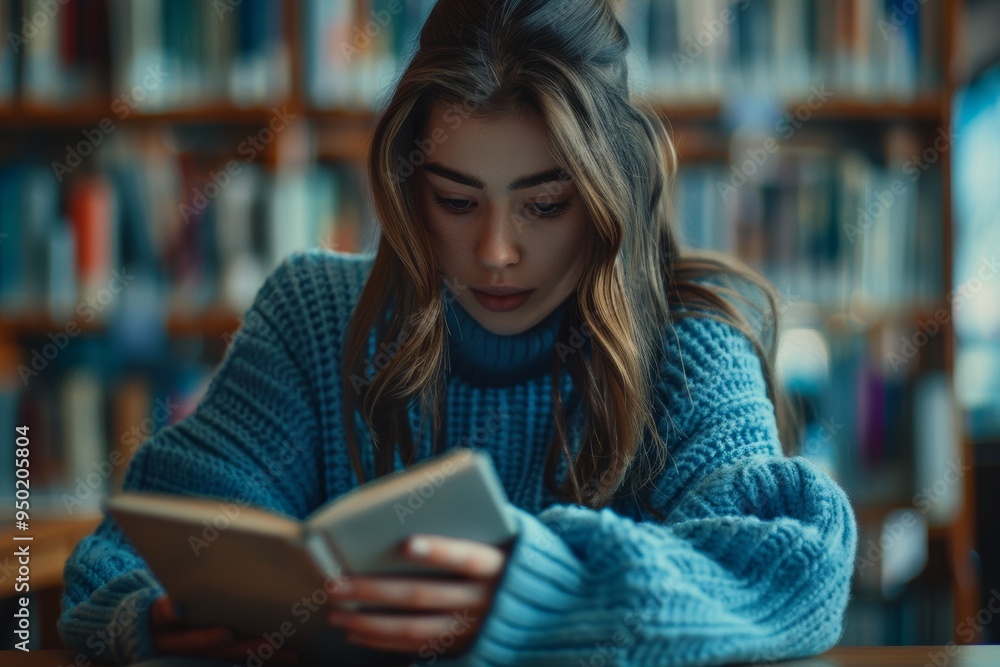Woman studying in a library with a tablet, researching for a school project or exam, utilizing technology, laptop, and notes for college assignments Woman studying in a library with a tablet, researching for a school project or exam, utilizing technology, laptop, and notes for college assignments