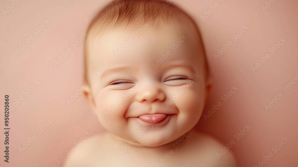 chubby European baby 3 months old winks and shows his tongue on pink rose peach background chubby European baby 3 months old winks and shows his tongue on pink rose peach background