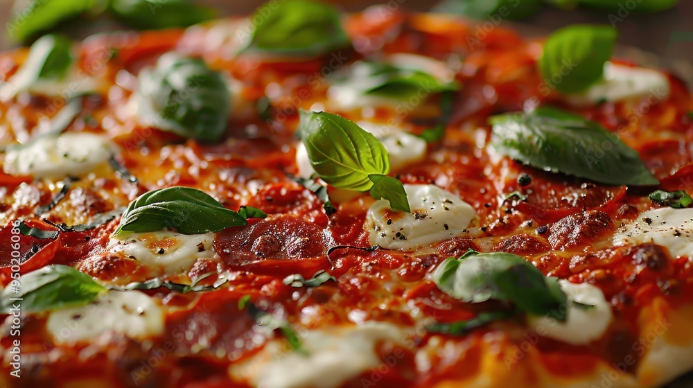 Close-up of a delicious freshly baked pizza topped with mozzarella, basil, and tomato sauce Close-up of a delicious freshly baked pizza topped with mozzarella, basil, and tomato sauce