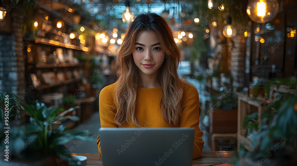 A calm environment with an Asian female programmer in a yellow shirt, sitting on shelves, fully absorbed in her laptop screen. A calm environment with an Asian female programmer in a yellow shirt, sitting on shelves, fully absorbed in her laptop screen.
