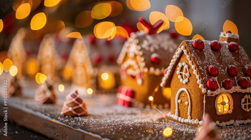 Festively lit gingerbread houses in a cozy winter setting Festively lit gingerbread houses in a cozy winter setting