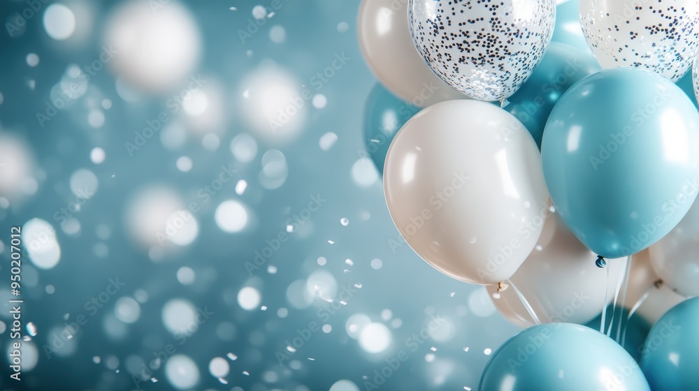 A vibrant cluster of white and blue balloons adorned with confetti and surrounded by elegant bokeh lights, creating a festive and celebratory atmosphere. A vibrant cluster of white and blue balloons adorned with confetti and surrounded by elegant bokeh lights, creating a festive and celebratory atmosphere.