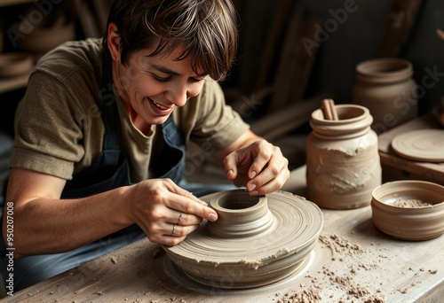 Pottery maker shaping clay with muddy hands and a creative grin