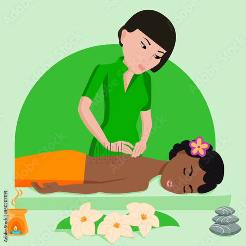 Needle Acupuncture treatment by professional acupuncturist in spa. Isolated flat vector illustration. Asian and African ethnicity.