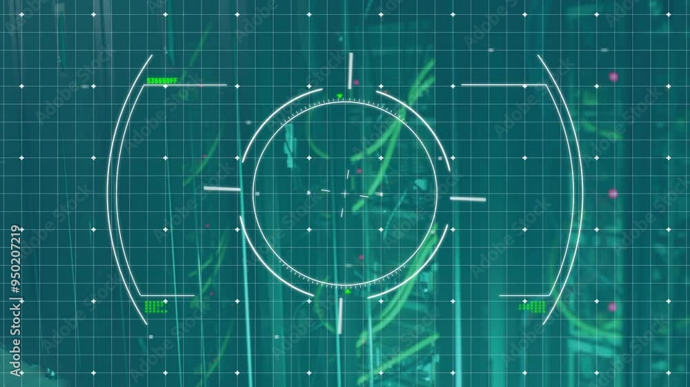 Targeting system animation over green grid background with technical elements Targeting system animation over green grid background with technical elements