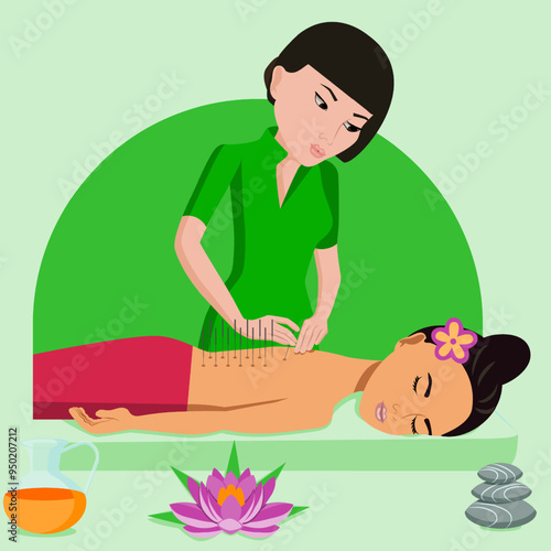 Needle Acupuncture treatment by professional acupuncturist in spa. Isolated flat vector illustration. Asian and Eastern ethnicity.