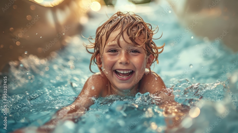 A joyful child enjoying a fun water slide during a sunny summer vacation day A joyful child enjoying a fun water slide during a sunny summer vacation day