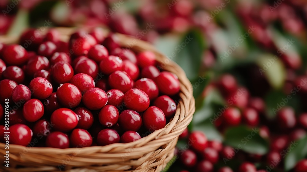 A wicker basket filled to the brim with freshly picked red cranberries, surrounded by green leaves. The fresh berries stand out, emphasizing the rich harvest's freshness and bounty. A wicker basket filled to the brim with freshly picked red cranberries, surrounded by green leaves. The fresh berries stand out, emphasizing the rich harvest's freshness and bounty.