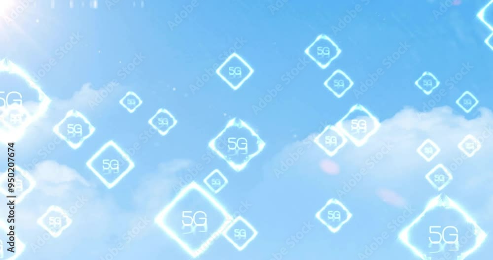 5G network symbols animating over blue sky with clouds 5G network symbols animating over blue sky with clouds