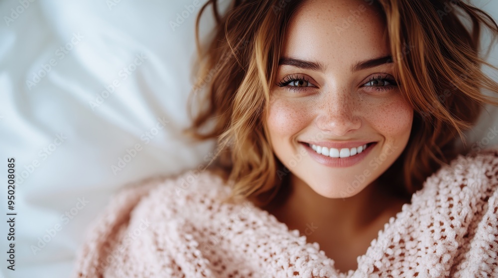 A young woman with brown hair and freckles wearing a cozy knit sweater, smiling warmly at the camera while lying on a white surface, expressing joy and contentment. A young woman with brown hair and freckles wearing a cozy knit sweater, smiling warmly at the camera while lying on a white surface, expressing joy and contentment.