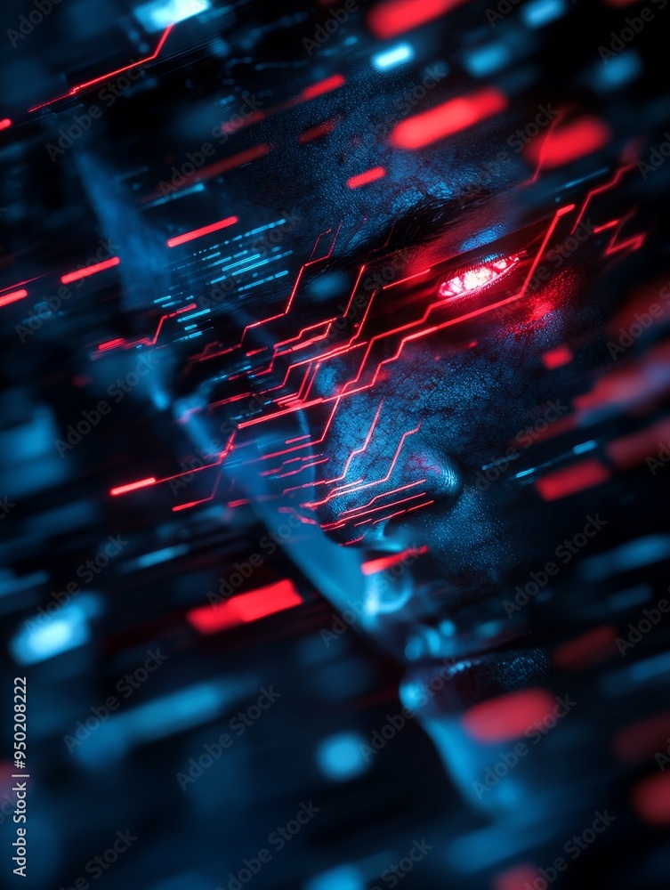 A digital entity emerges from a chaotic digital glitch, its red eyes ...
