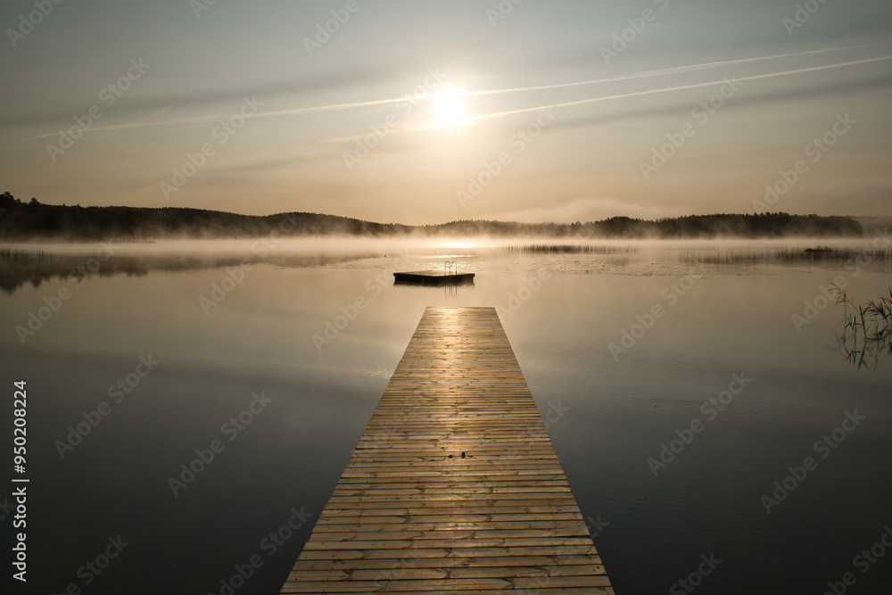 Wooden jetty in the morning in fog, on a Swedish lake. A floating island, background Wooden jetty in the morning in fog, on a Swedish lake. A floating island, background