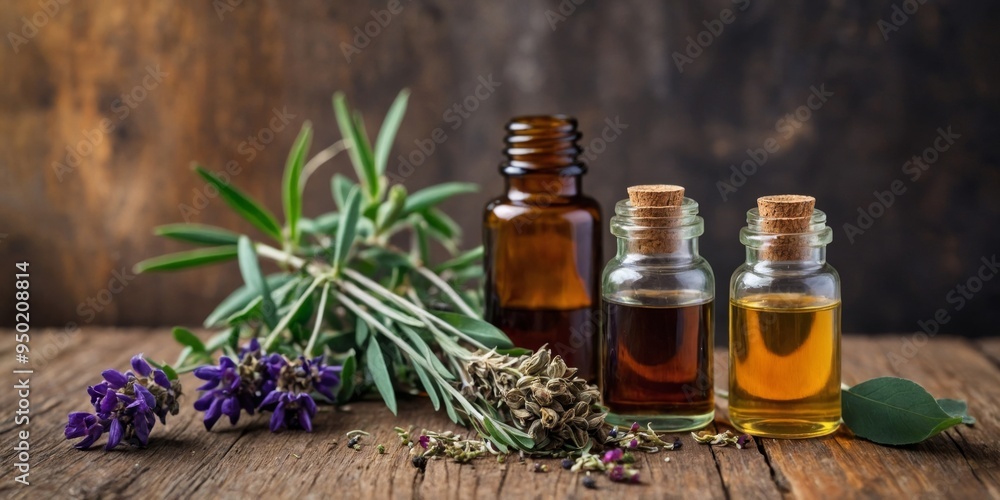 Aromatic essential oils using dried herbs over a rustic wooden table. Aromatic essential oils using dried herbs over a rustic wooden table.