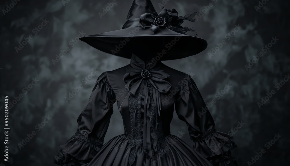 A mysterious black witch costume with an elaborate hat, perfect for Halloween or theatrical events, evoking gothic elegance. A mysterious black witch costume with an elaborate hat, perfect for Halloween or theatrical events, evoking gothic elegance.