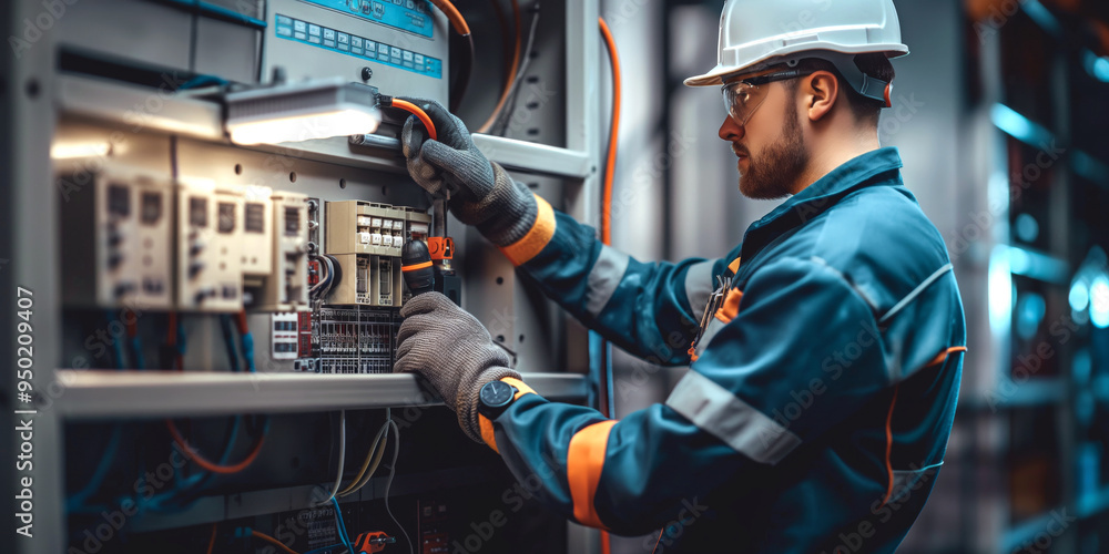 A professional electrician in a clean, modern workspace, wearing a uniform and safety gear, carefully inspecting a circuit breaker panel. A professional electrician in a clean, modern workspace, wearing a uniform and safety gear, carefully inspecting a circuit breaker panel.