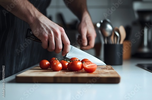 person is using a knife to cut vegetables on the wooden board