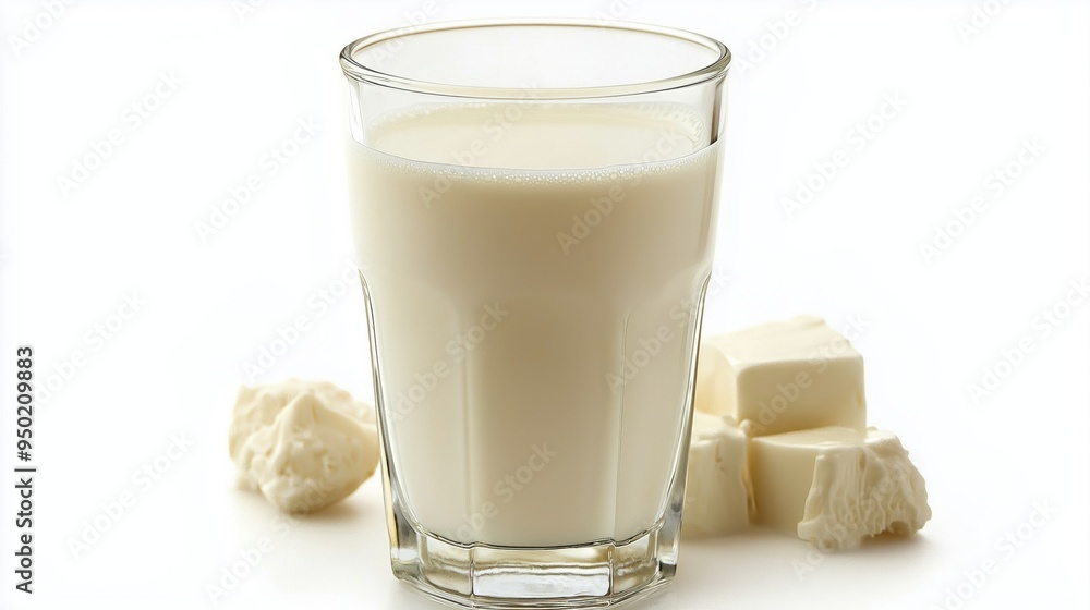 glass of milk with pieces of butter isolated on white background glass of milk with pieces of butter isolated on white background