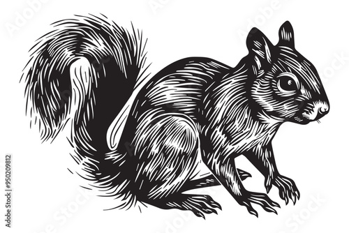 Detailed vintage squirrel illustration in black and white engraving style hand-drawn hand-drawn
