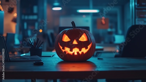 Halloween glowing pumpkin on a office desk, Business halloween decor for party. photo