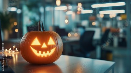 Halloween glowing pumpkin on a office desk, Business halloween decor for party. 