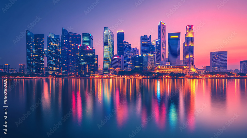Fototapeta premium City skyline at dusk with glowing skyscrapers reflecting in water, creating vibrant and colorful atmosphere.