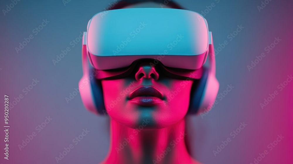 An artistic shot showcasing a person using virtual reality glasses amidst a backdrop of vibrant blue and pink lights, capturing the essence of modern technology. An artistic shot showcasing a person using virtual reality glasses amidst a backdrop of vibrant blue and pink lights, capturing the essence of modern technology.