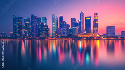 City skyline at dusk with glowing skyscrapers reflecting in water, creating vibrant and colorful atmosphere.