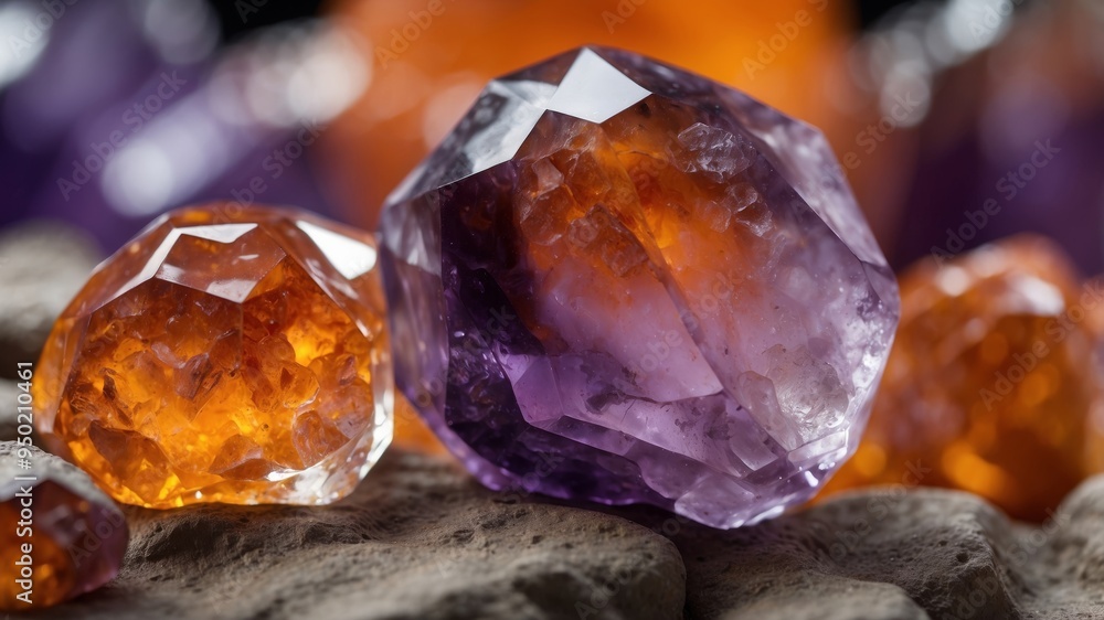 Close up of orange and purple geodes inside crystal rock. Close up of orange and purple geodes inside crystal rock.