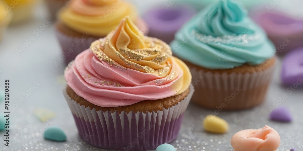 Close up of pastel colored sugar icing with glitter for cake or cupcake decoration. Close up of pastel colored sugar icing with glitter for cake or cupcake decoration.