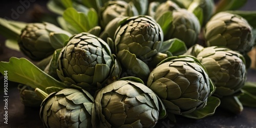 Close up of raw green artichoke vegetables. photo