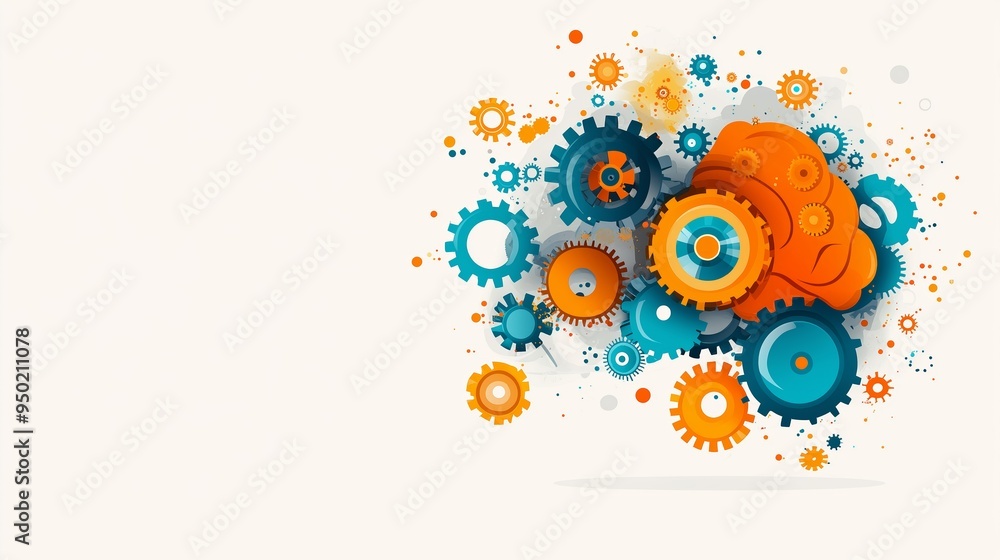 A colorful brain illustration filled with gears and cogs, symbolizing mental health complexity, against a simple background with space for text A colorful brain illustration filled with gears and cogs, symbolizing mental health complexity, against a simple background with space for text