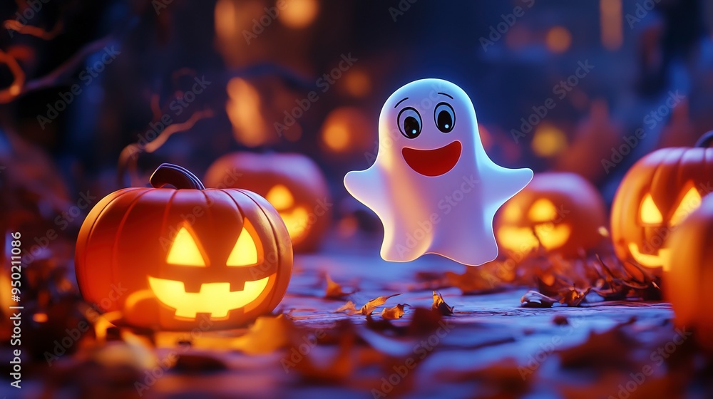 Naklejka premium Cute cartoon ghost is floating near illuminated jack o lantern pumpkins on halloween night