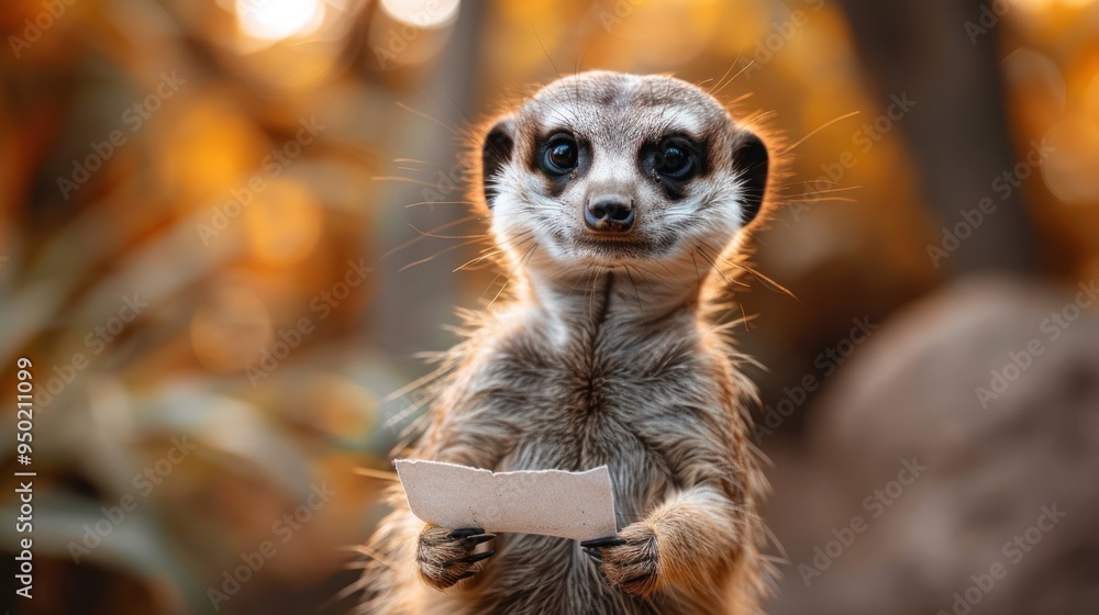 Fototapeta premium Meerkat standing and holding a paper with focused expression