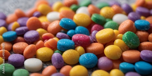 Colorful sugar and candy sprinkles arranged creatively on marble surface.