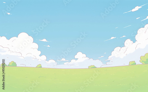 Calm cartoon landscape showcasing a vibrant blue sky, puffy white clouds, and a minimalist green meadow, radiating serenity.