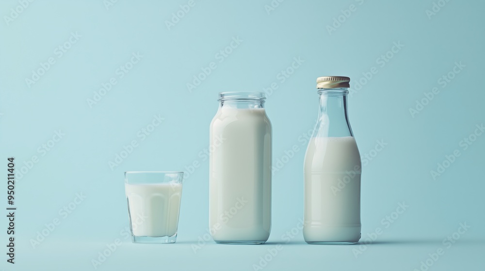 Milk in a jar, glass and bottle arranged in a series isolated on a light blue background Milk in a jar, glass and bottle arranged in a series isolated on a light blue background