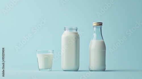 Milk in a jar, glass and bottle arranged in a series isolated on a light blue background 