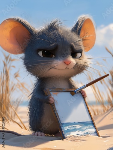 a very adorable beach mouse in front of a canevas that she is painting. The little mouse looks very serious, she is quite adorable. She has a paintbrush in her paw and is frowning at her canevas. 